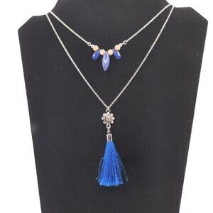 Layered Silver Chain Necklace Blue Beads Tassel Pendant